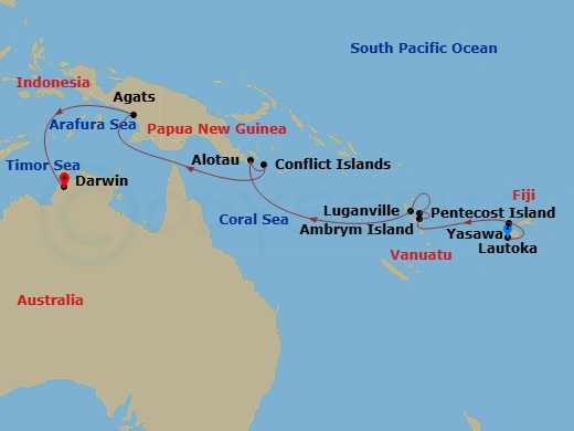 Seabourn Pursuit - 16 Night - Remote Indonesia & Papua New Guinea - Seabourn Pursuit - Starting in Lautoka, Fiji, Nabukeru, Yasawa Island, Fiji, Ambrym, Vanuatu, Pentecost Islan.. itinerary map