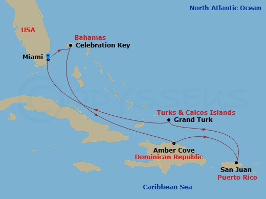 Regal Princess - 7 Night - Eastern Caribbean with Puerto Rico - Regal Princess - Starting in Miami, Florida, Celebration Key, Bahamas, Amber Cove, Dominican Republic, San Juan.. itinerary map