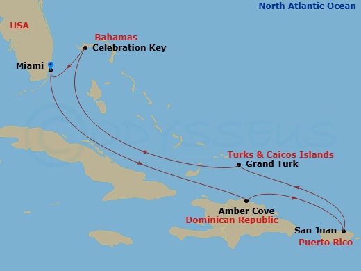 Regal Princess - 7 Night - Eastern Caribbean with Puerto Rico - Regal Princess - Starting in Miami, Florida, Amber Cove, Dominican Republic, San Juan, Puerto Rico, Grand Turk,.. itinerary map