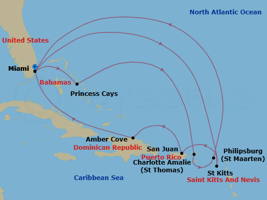 14 Night - Eastern Caribbean Adventurer - Regal Princess - Starting in Miami, Florida, St Kitts, San Juan, Puerto Rico, Amber Cove, Dominican Republic, Miami, Florida, Princess Cays, Bahamas, St Thomas, US Virgin Islands, St Maarten, Miami, Florida itinerary map