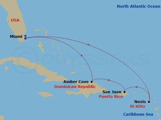 Regal Princess - 7 Night - Eastern Caribbean with St. Kitts - Regal Princess - Starting in Miami, Florida, St Kitts, San Juan, Puerto Rico, Amber Cove, Dominican Republic, Mia.. itinerary map