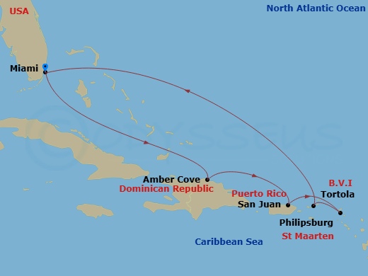 Regal Princess - 8 Night - Eastern Caribbean with Tortola - Regal Princess - Starting in Miami, Florida, Amber Cove, Dominican Republic, San Juan, Puerto Rico, St Maarten, Tor.. itinerary map