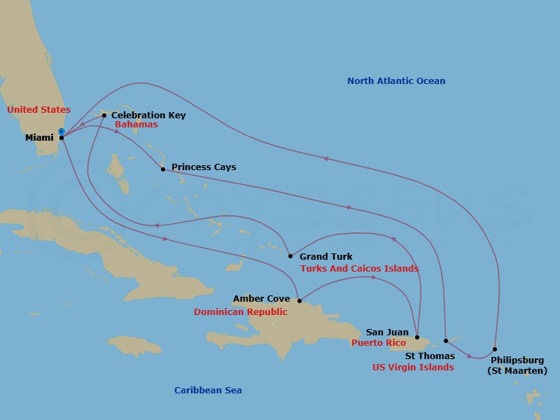 14 Night - Eastern Caribbean Adventurer with Celebration Key - Regal Princess - Starting in Miami, Florida, Amber Cove, Dominican Republic, San Juan, Puerto Rico, Grand Turk, Turks and Caicos, Celebration Key, Bahamas, Miami, Florida, Princess Cays, Bahamas, St Thomas, US Virgin Islands, St Maarten, Miami, Florida itinerary map