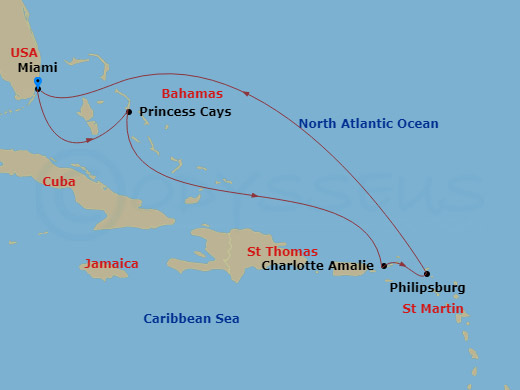 Regal Princess - 7 Night - Eastern Caribbean with St. Thomas - Regal Princess - Starting in Miami, Florida, Princess Cays, Bahamas, St Thomas, US Virgin Islands, St Maarten, M.. itinerary map