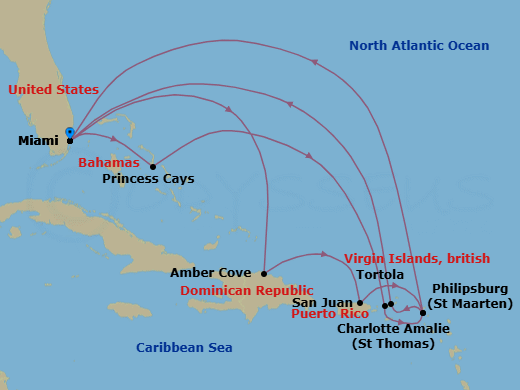 15 Night - Eastern Caribbean Adventurer - Regal Princess - Starting in Miami, Florida, Amber Cove, Dominican Republic, San Juan, Puerto Rico, St Maarten, Tortola, British Virgin Islands, Miami, Florida, Princess Cays, Bahamas, St Thomas, US Virgin Islands, St Maarten, Miami, Florida itinerary map
