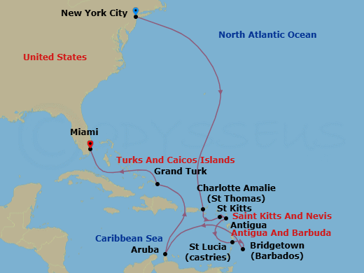 14 Night - Southern Caribbean Islander - Regal Princess - Starting in New York City (Manhattan or Brooklyn), New York, St Thomas, US Virgin Islands, St Kitts, Antigua, St Lucia, Barbados, Aruba, Grand Turk, Turks and Caicos, Miami, Florida itinerary map