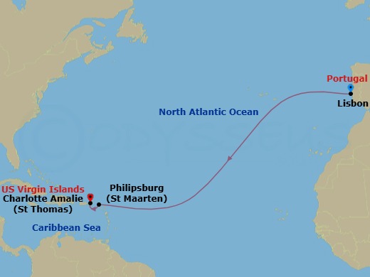 12 Night - Cruise from Lisbon to St Thomas (Charlotte Amalie) - SeaDream II - Starting in Lisbon, Philipsburg, Charlotte Amalie, St Thomas itinerary map