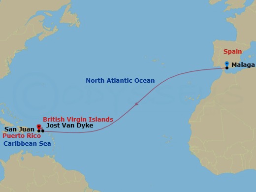 14 Night - Cruise from Malaga to San Juan - SeaDream I - Starting in Malaga, White Bay, Jost van Dyke, San Juan itinerary map