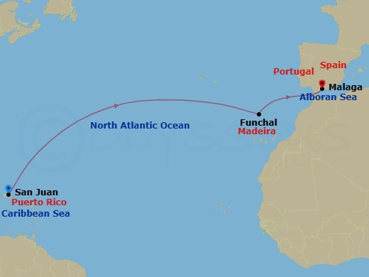 14 Night - Cruise from San Juan to Malaga - SeaDream I - Starting in San Juan, Funchal, Madeira, Malaga itinerary map