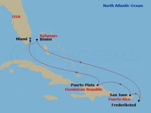 Resilient Lady - 8 Night - Eastern Caribbean & Bimini Beach Club - Resilient Lady - Starting in Miami, Florida, Puerto Plata, Dominican Republic, San Juan, Puerto Rico, St Cro.. itinerary map
