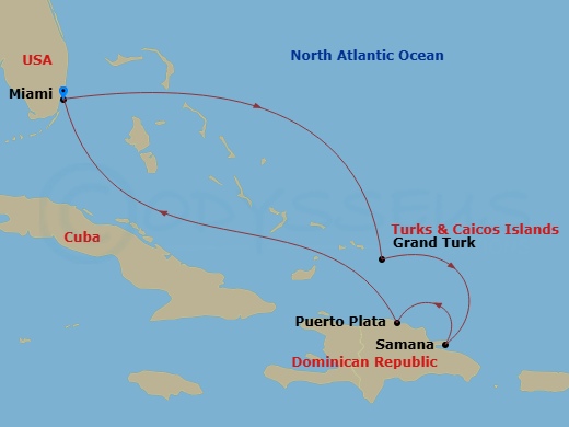 Resilient Lady - 6 Night - Eastern Caribbean Cruise - Resilient Lady - Starting in Miami, Florida, Grand Turk, Turks and Caicos, Samana, Dominican Republic, Puerto Plata, Domi.. itinerary map