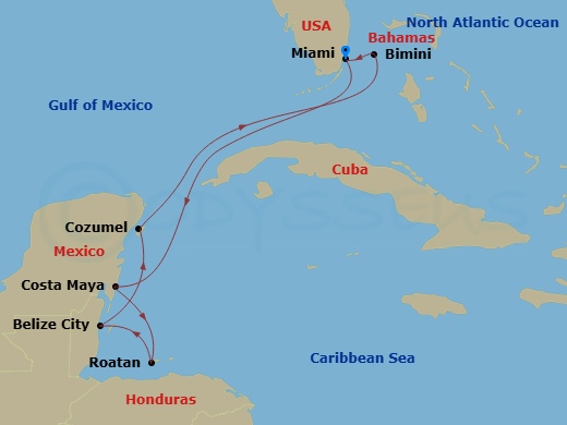 8 Night - Western Caribbean & Bimini Beach Club - Resilient Lady - Starting in Miami, Florida, Costa Maya, Mexico, Roatan, Honduras, Belize City, Belize, Cozumel, Mexico, The Beach Club at Bimini, Bahamas, Miami, Florida itinerary map