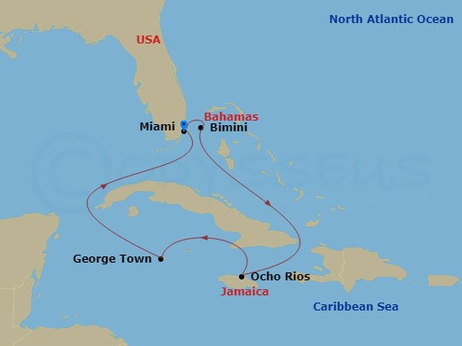 Resilient Lady - 6 Night - Western Caribbean & Bimini Beach Club - Resilient Lady - Starting in Miami, Florida, The Beach Club at Bimini, Bahamas, Ocho Rios, Jamaica, George T.. itinerary map