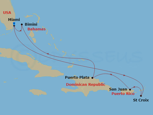 Resilient Lady - 8 Night - Eastern Caribbean Antilles - Resilient Lady - Starting in Miami, Florida, St Croix, US Virgin Islands, San Juan, Puerto Rico, Puerto Plata, Dominica.. itinerary map