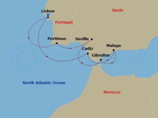 Azamara Quest - 9 Night - Portugal & Spain Cruise : Seville, Malaga & Lisbon - Azamara Quest - Starting in Lisbon, Portimao, Seville, Gibraltar, Malaga, Cadiz, Lisbon itinerary map