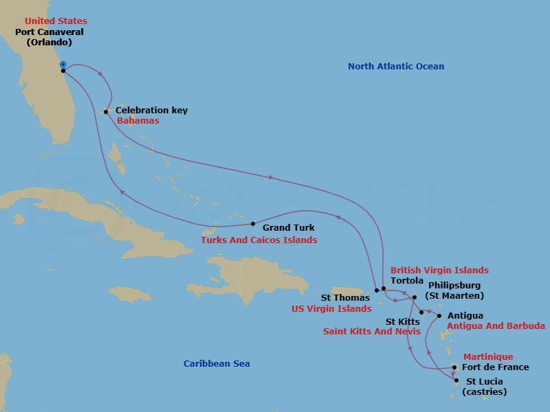 14 Night - Southern Caribbean with Martinique & Celebration Key Holiday - Star Princess - Starting in Port Canaveral (Orlando), Florida, Celebration Key, Bahamas, Tortola, British Virgin Islands, St Maarten, Martinique, St Lucia, Antigua, St Kitts, St Thomas, US Virgin Islands, Grand Turk, Turks and Caicos, Port Canaveral (Orlando), Florida itinerary map