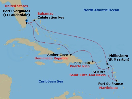 10 Night - Southern Caribbean with Martinique & Celebration Key Holiday - Sun Princess - Starting in Fort Lauderdale, Florida, Amber Cove, Dominican Republic, San Juan, Puerto Rico, St Kitts, Martinique, St Maarten, Celebration Key, Bahamas, Fort Lauderdale, Florida itinerary map
