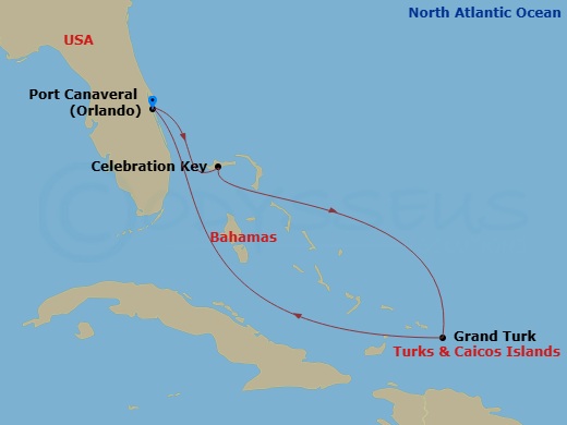 Star Princess - 5 Night - Caribbean Getaway with Grand Turk - Star Princess - Starting in Port Canaveral (Orlando), Florida, Celebration Key, Bahamas, Grand Turk, Turks and C.. itinerary map