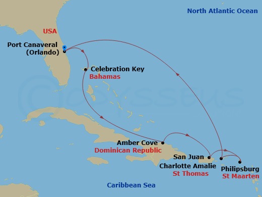 Star Princess - 9 Night - Eastern Caribbean with St. Thomas - Star Princess - Starting in Port Canaveral (Orlando), Florida, Celebration Key, Bahamas, Amber Cove, Dominican R.. itinerary map