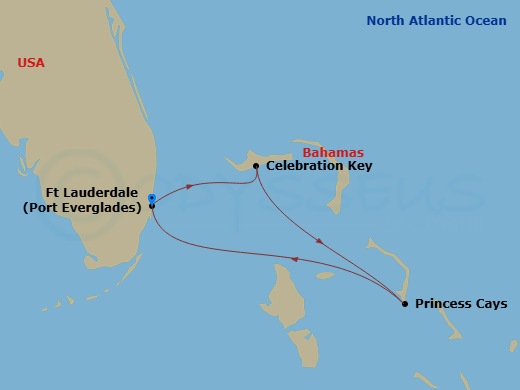 4 Night - Eastern Caribbean Getaway with Bahamas - Sky Princess - Starting in Fort Lauderdale, Florida, Celebration Key, Bahamas, Princess Cays, Bahamas, Fort Lauderdale, Florida itinerary map