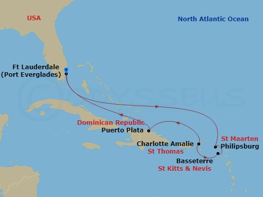 Celebrity Xcel - 7 Night - St. Thomas, & St. Kitts Cruise - Celebrity Xcel - Starting in Fort Lauderdale, Florida, Philipsburg, St Maarten, Charlotte Amalie, St Thomas, Puerto.. itinerary map