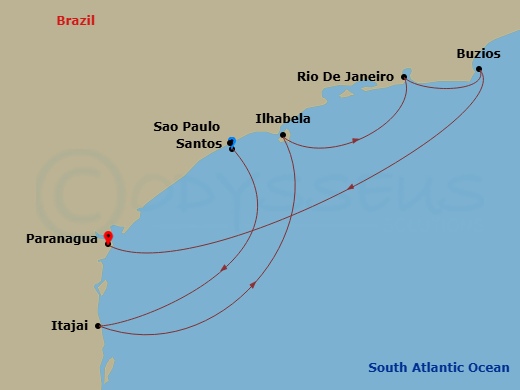 MSC Lirica - 6 Night - South America - MSC Lirica - Starting in Santos (Sao Paulo), Brazil, Itajai, Brazil, Ilhabela, Brazil, Rio De Janeiro, Brazil, Buzios, Brazil, Paran.. itinerary map