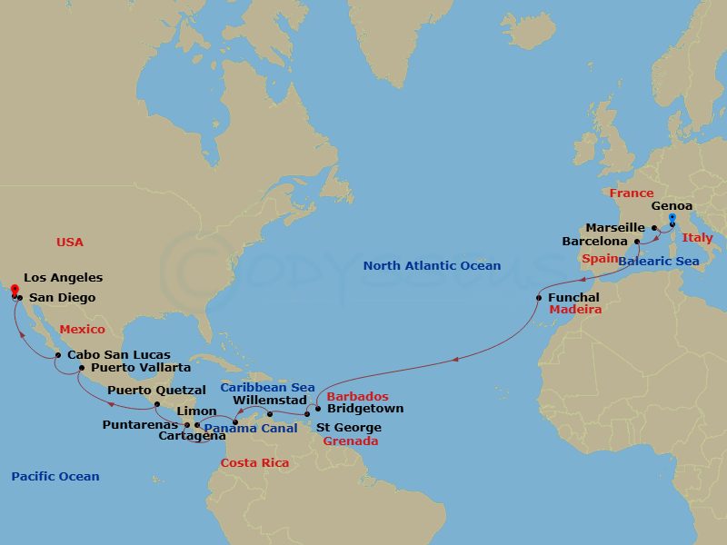 MSC Magnifica - 32 Night - Msc World Cruise - MSC Magnifica - Starting in Genoa (Portofino), Italy, Marseille (Provence), France, Barcelona, Spain, Funchal (Madeira Islands),.. itinerary map