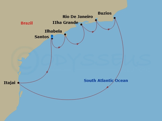 MSC Sinfonia - 7 Night - South America - MSC Sinfonia - Starting in Santos (Sao Paulo), Brazil, Ilhabela, Brazil, Ilha Grande, Brazil, Rio De Janeiro, Brazil, Buzios, Brazil.. itinerary map