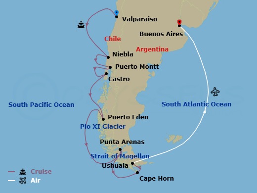 12 Night - The Chairman's Voyage : Chilean Fjords & the Glaciers of the Beagle Channel - Scenic Eclipse - Starting in Valparaiso, Chile, Niebla, Chile, Puerto Montt, Chile, Castro, Isla Chiloe, Puerto Eden / Pio XI Glacier (Inner Fjords), Cruising Strait of Magellan, Punta Arenas, Chile, Chilean Fjords, Cape Horn, Ushuaia / Buenos Aires, Argentina itinerary map