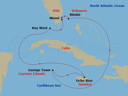 Resilient Lady - 7 Night - Western Caribbean & Bimini Beach Club - Resilient Lady - Starting in Miami, Florida, Key West, Florida, Ocho Rios, Jamaica, George Town, Cayman Isla.. itinerary map