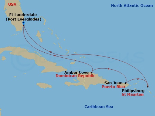 Regal Princess - 7 Night - Eastern Caribbean with Puerto Rico - Regal Princess - Starting in Fort Lauderdale, Florida, Amber Cove, Dominican Republic, San Juan, Puerto Rico, S.. itinerary map