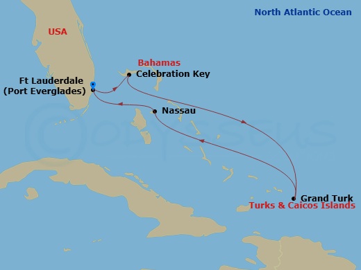 Regal Princess - 6 Night - Eastern Caribbean with Turks & Caicos - Regal Princess - Starting in Fort Lauderdale, Florida, Celebration Key, Bahamas, Grand Turk, Turks and Caico.. itinerary map