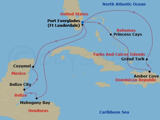 14 Night - Eastern / Western Caribbean Withcelebration Key Holiday - Star Princess - Starting in Fort Lauderdale, Florida, Cozumel, Mexico, Belize City, Belize, Roatan (Mahogany Bay, Honduras), Fort Lauderdale, Florida, Grand Turk, Turks and Caicos, Amber Cove, Dominican Republic, Celebration Key, Bahamas, Fort Lauderdale, Florida itinerary map