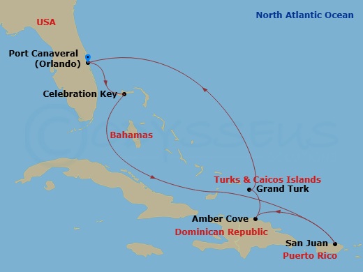 Sky Princess - 8 Night - Eastern Caribbean with Puerto Rico - Sky Princess - Starting in Port Canaveral (Orlando), Florida, Celebration Key, Bahamas, San Juan, Puerto Rico,.. itinerary map