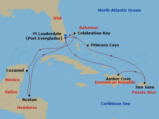 14 Night - Eastern / Western Caribbean Adventurer with Celebration Key - Sun Princess - Starting in Fort Lauderdale, Florida, Princess Cays, Bahamas, San Juan, Puerto Rico, Amber Cove, Dominican Republic, Fort Lauderdale, Florida, Celebration Key, Bahamas, Cozumel, Mexico, Roatan (Mahogany Bay, Honduras), Fort Lauderdale, Florida itinerary map