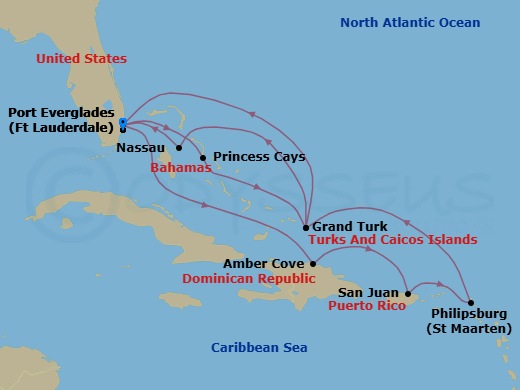 14 Night - Eastern Caribbean Adventurer with Celebration Key Holiday - Regal Princess - Starting in Fort Lauderdale, Florida, Celebration Key, Bahamas, Grand Turk, Turks and Caicos, Nassau, Bahamas, Fort Lauderdale, Florida, Amber Cove, Dominican Republic, San Juan, Puerto Rico, St Maarten, Grand Turk, Turks and Caicos, Fort Lauderdale, Florida itinerary map