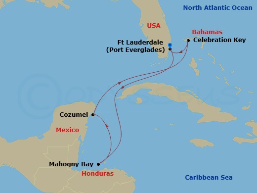 Sun Princess - 7 Night - Western Caribbean with Mexico - Sun Princess - Starting in Fort Lauderdale, Florida, Roatan (Mahogany Bay, Honduras), Cozumel, Mexico, Celebration K.. itinerary map