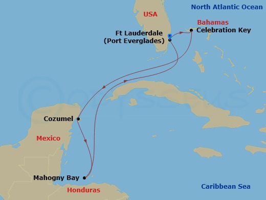Sun Princess - 7 Night - Western Caribbean with Mexico - Sun Princess - Starting in Fort Lauderdale, Florida, Celebration Key, Bahamas, Cozumel, Mexico, Roatan (Mahogany Bay.. itinerary map