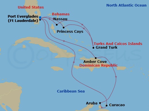 14 Night - Southern / Eastern Caribbean Adventurer with Celebration Key - Regal Princess - Starting in Fort Lauderdale, Florida, Amber Cove, Dominican Republic, Aruba, Curacao, Fort Lauderdale, Florida, Celebration Key, Bahamas, Grand Turk, Turks and Caicos, Nassau, Bahamas, Fort Lauderdale, Florida itinerary map