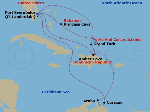 14 Night - Southern / Eastern Caribbean Adventurer with Celebration Key - Regal Princess - Starting in Fort Lauderdale, Florida, Celebration Key, Bahamas, Amber Cove, Dominican Republic, Grand Turk, Turks and Caicos, Fort Lauderdale, Florida, Amber Cove, Dominican Republic, Aruba, Curacao, Fort Lauderdale, Florida itinerary map