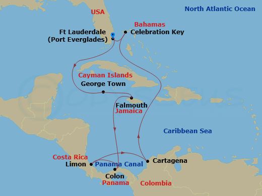 Caribbean Princess - 12 Night - Caribbean with Costa Rica & Panama Canal - Caribbean Princess - Starting in Fort Lauderdale, Florida, Grand Cayman, Cayman Islands, Falmouth, Jamai.. itinerary map