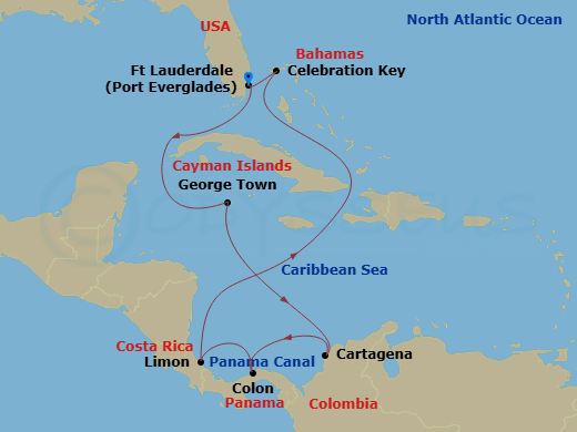 Caribbean Princess - 12 Night - Caribbean with Costa Rica & Panama Canal - Caribbean Princess - Starting in Fort Lauderdale, Florida, Grand Cayman, Cayman Islands, Cartagena CO, P.. itinerary map