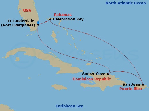 Sun Princess - 7 Night - Eastern Caribbean with Puerto Rico - Sun Princess - Starting in Fort Lauderdale, Florida, Celebration Key, Bahamas, San Juan, Puerto Rico, Amber Cov.. itinerary map