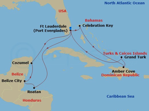14 Night - Eastern / Western Caribbean Adventurer with Celebration Key - Star Princess - Starting in Fort Lauderdale, Florida, Roatan (Mahogany Bay, Honduras), Belize City, Belize, Cozumel, Mexico, Fort Lauderdale, Florida, Celebration Key, Bahamas, Amber Cove, Dominican Republic, Grand Turk, Turks and Caicos, Fort Lauderdale, Florida itinerary map