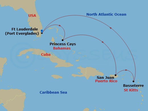 Regal Princess - 7 Night - Eastern Caribbean with Bahamas - Regal Princess - Starting in Fort Lauderdale, Florida, Princess Cays, Bahamas, San Juan, Puerto Rico, St Kitts, For.. itinerary map