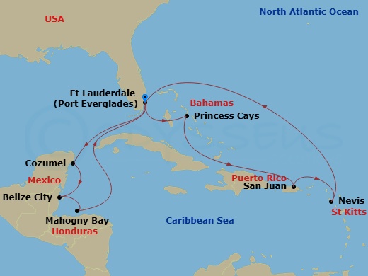 Regal Princess - 14 Night - Eastern / Western Caribbean Adventurer - Regal Princess - Starting in Fort Lauderdale, Florida, Princess Cays, Bahamas, San Juan, Puerto Rico, St K.. itinerary map