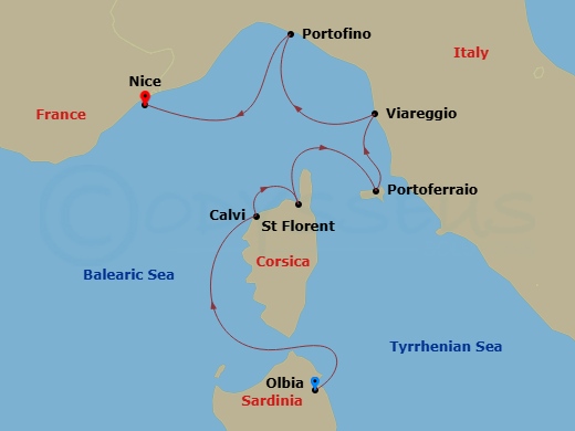 9 Night - Western Mediterranean from Olbia to Nice - Sea Cloud Spirit - Starting in Olbia / Sardinia, Calvi / Corsica, Saint-Florent / Corsica, Portoferraio / Elba, Viareggio, Portofino, Nice itinerary map
