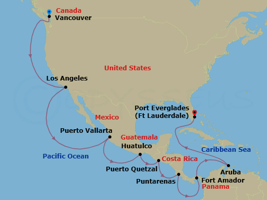 20 Night - Panama Canal & Pacific Coast - Island Princess - Starting in Vancouver, Canada, Los Angeles, California, Puerto Vallarta, Mexico, Huatulco, Mexico, Puerto Quetzal, Guatemala, Puntarenas, Costa Rica, Fuerte Amador, Panama (for Panama City), Panama Canal Full Transit Historic Locks, Aruba, Fort Lauderdale, Florida itinerary map