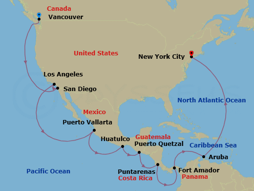 23 Night - Panama Canal & Pacific Coast - Coral Princess - Starting in Vancouver, Canada, San Diego, California, Los Angeles, California, Puerto Vallarta, Mexico, Huatulco, Mexico, Puerto Quetzal, Guatemala, Puntarenas, Costa Rica, Fuerte Amador, Panama (for Panama City), Panama Canal Full Transit Historic Locks, Aruba, New York City (Manhattan or Brooklyn), New York itinerary map