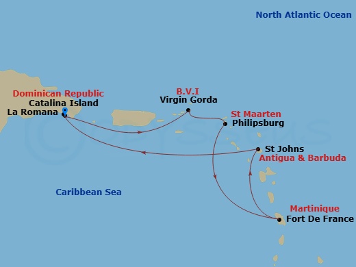 MSC Opera - 7 Night - South Caribbean - MSC Opera - Starting in La Romana, Dominican Republic, Catalina Island, Dominican Republic, Virgin Gorda, British Virgin Islands,.. itinerary map